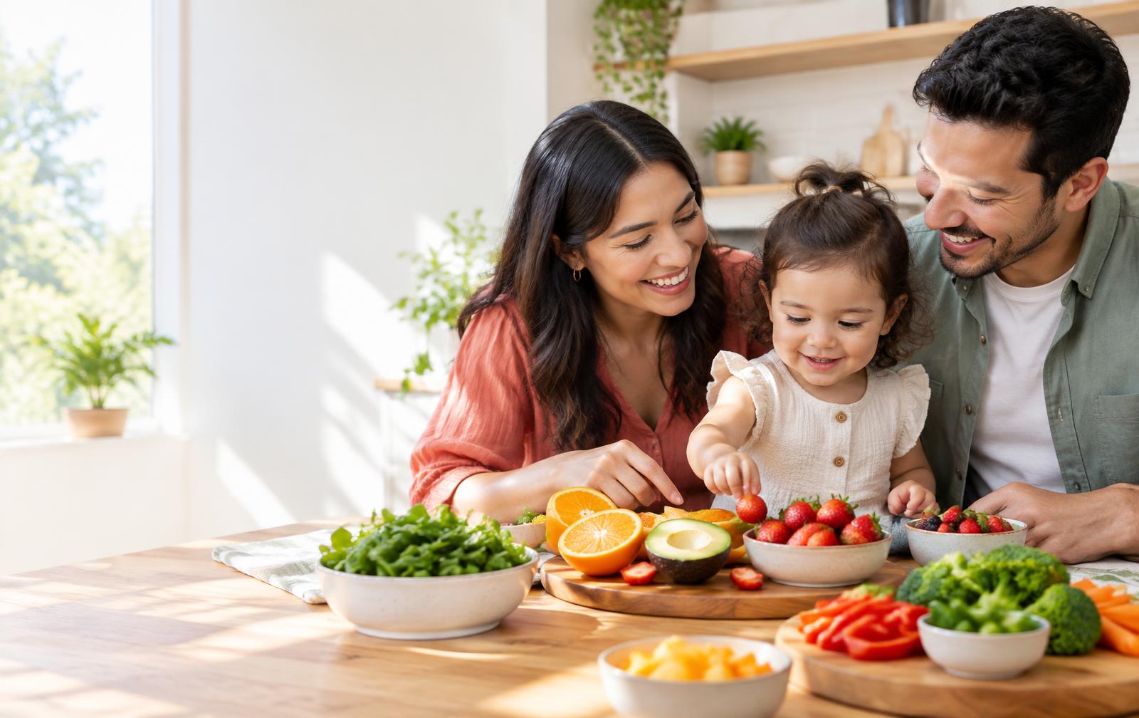 Familia compartiendo alimentos saludables con su hija